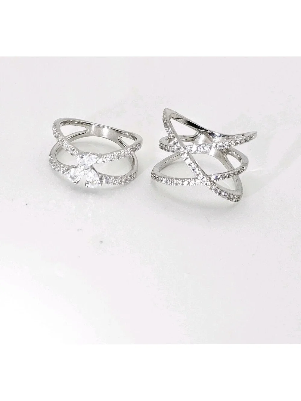 Lot of 2 CZ Pave Rings Size 7 Rhodium Plated Butterfly & Criss Cross X Ring NWOT